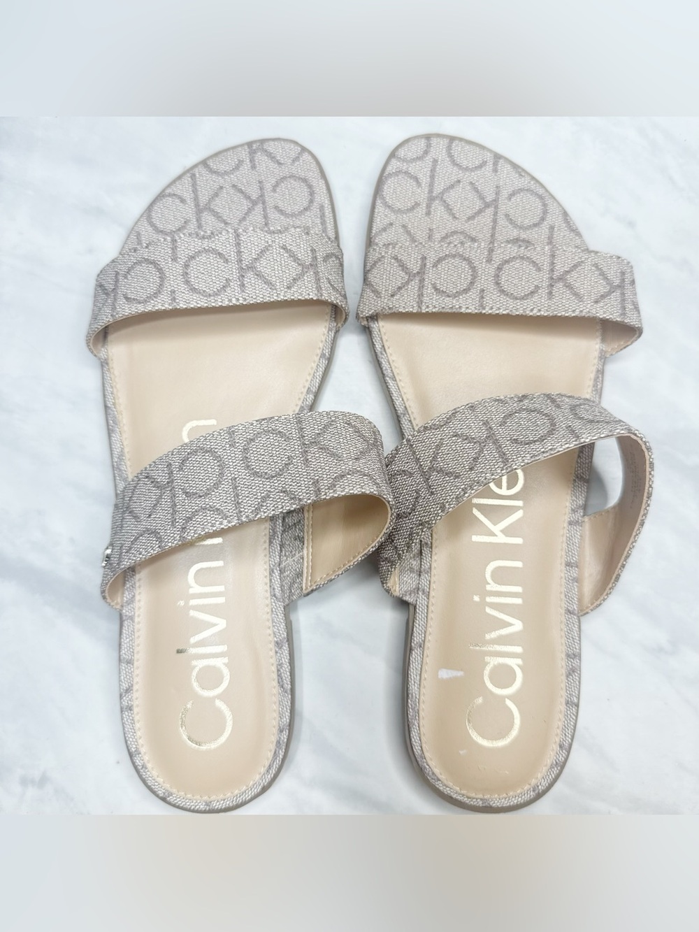 Calvin Klein Beige Logo Slide Sandals 8.5